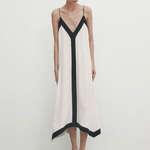 NWT Massimo Dutti Cream Black Strappy Flowy Oversized Slip Dress Size XS